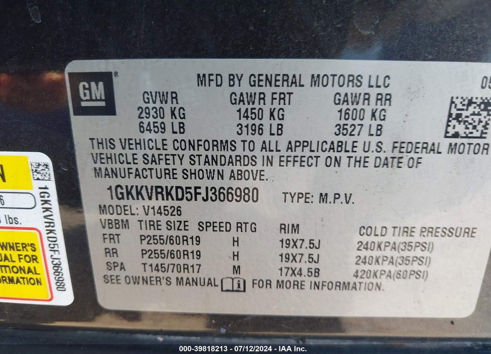 2015 GMC ACADIA SLT-1 VIN: 1GKKVRKD5FJ366980