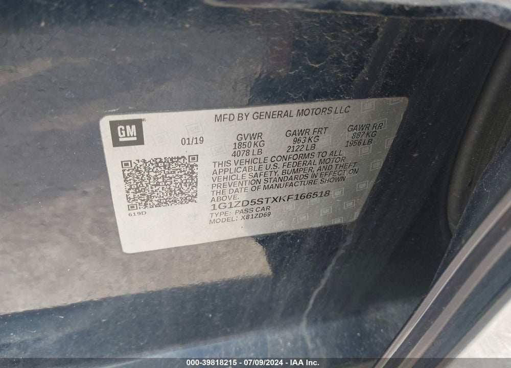 2019 CHEVROLET MALIBU LT VIN: 1G1ZD5STXKF166518