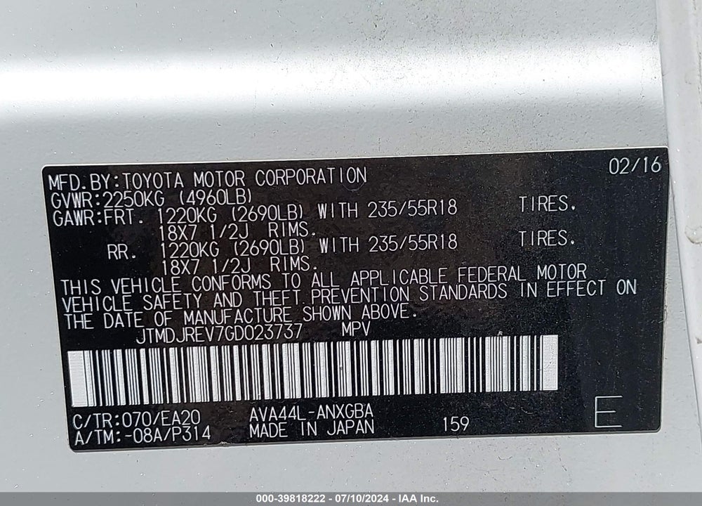 2016 TOYOTA RAV4 HYBRID LIMITED VIN: JTMDJREV7GD023737