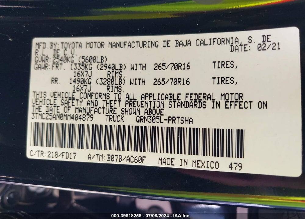 2021 TOYOTA TACOMA VIN: 3TMCZ5AN0MM404879