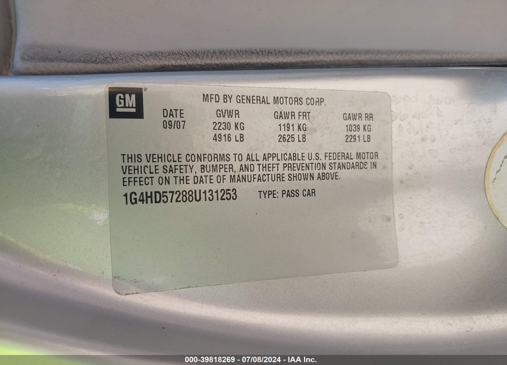 2008 BUICK LUCERNE CXL VIN: 1G4HD57288U131253