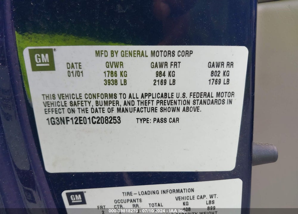 2001 OLDSMOBILE ALERO GLS VIN: 1G3NF12E01C208253