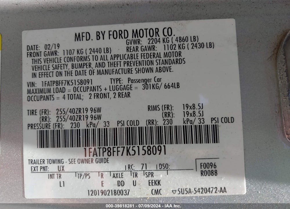 2019 FORD MUSTANG GT PREMIUM VIN: 1FATP8FF7K5158091