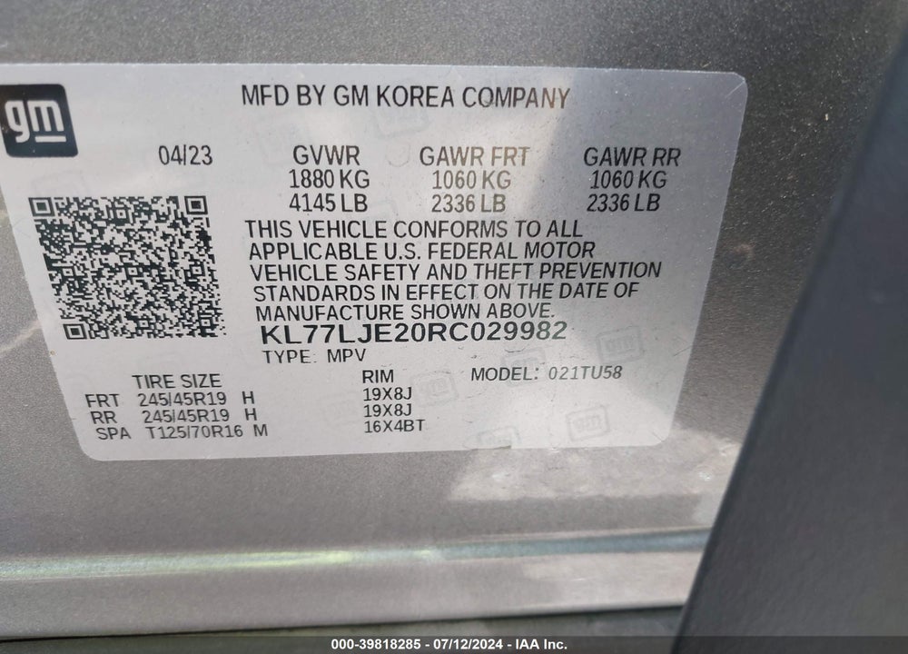 2024 CHEVROLET TRAX FWD 2RS VIN: KL77LJE20RC029982