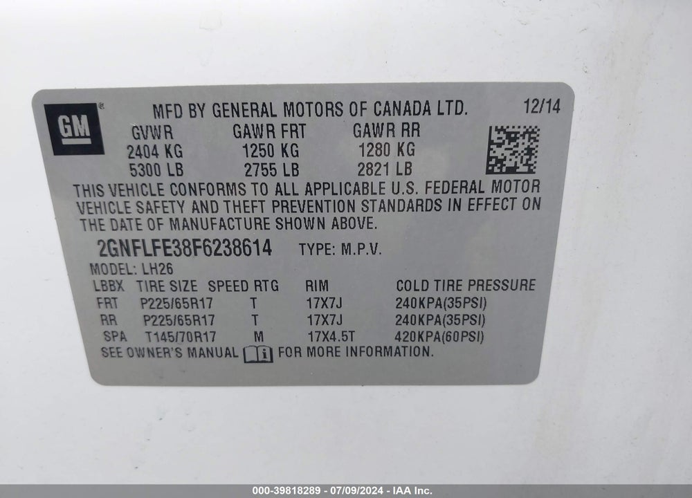 2015 CHEVROLET EQUINOX 1LT VIN: 2GNFLFE38F6238614