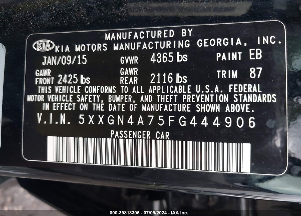 2015 KIA OPTIMA EX VIN: 5XXGN4A75FG444906