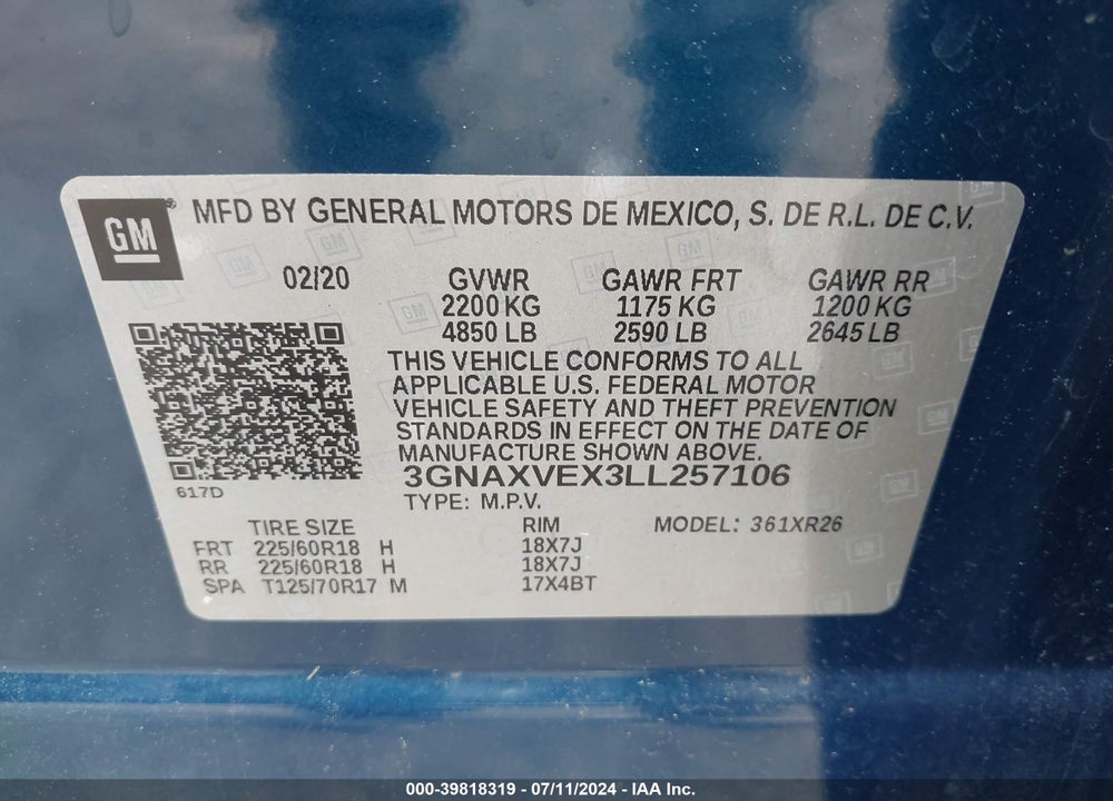 2020 CHEVROLET EQUINOX AWD LT 2.0L TURBO VIN: 3GNAXVEX3LL257106
