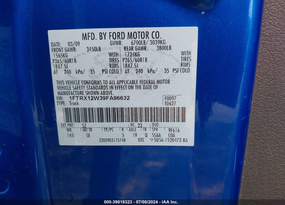 2009 FORD F-150 STX/XL VIN: 1FTRX12W39FA96632