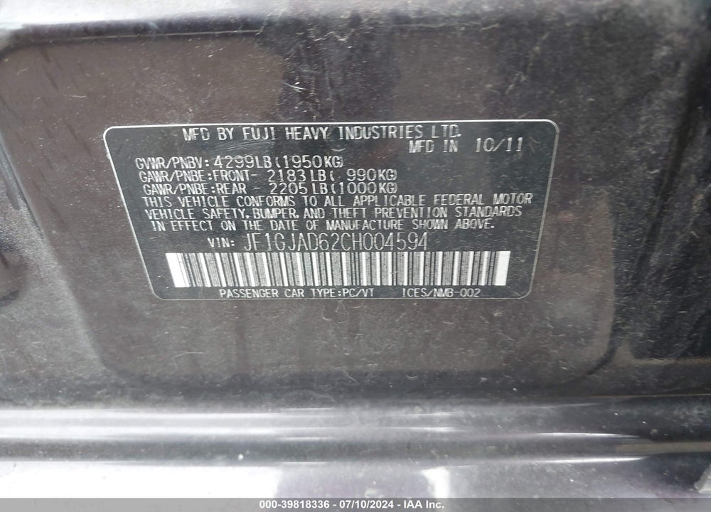 2012 SUBARU IMPREZA 2.0I PREMIUM VIN: JF1GJAD62CH004594
