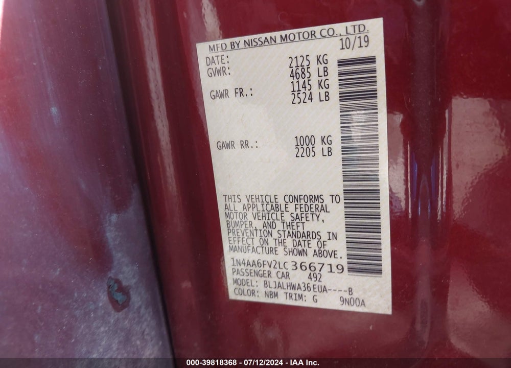 2020 NISSAN MAXIMA PLATINUM XTRONIC CVT VIN: 1N4AA6FV2LC366719
