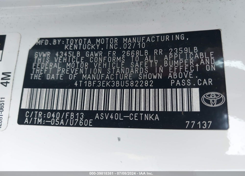 2011 TOYOTA CAMRY LE VIN: 4T1BF3EK3BU582282