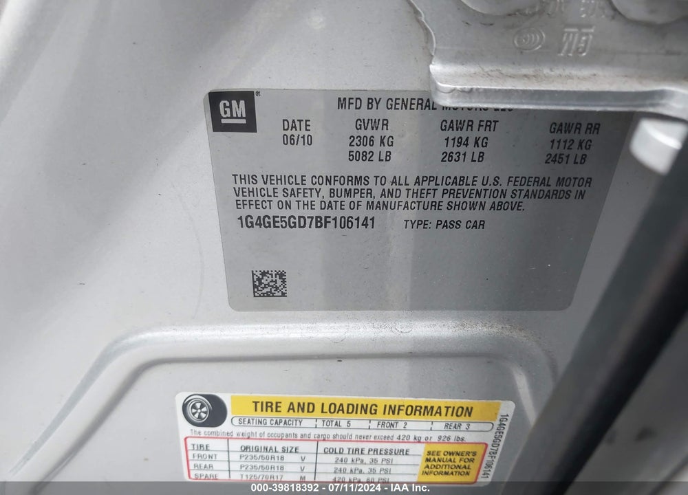 2011 BUICK LACROSSE CXS VIN: 1G4GE5GD7BF106141