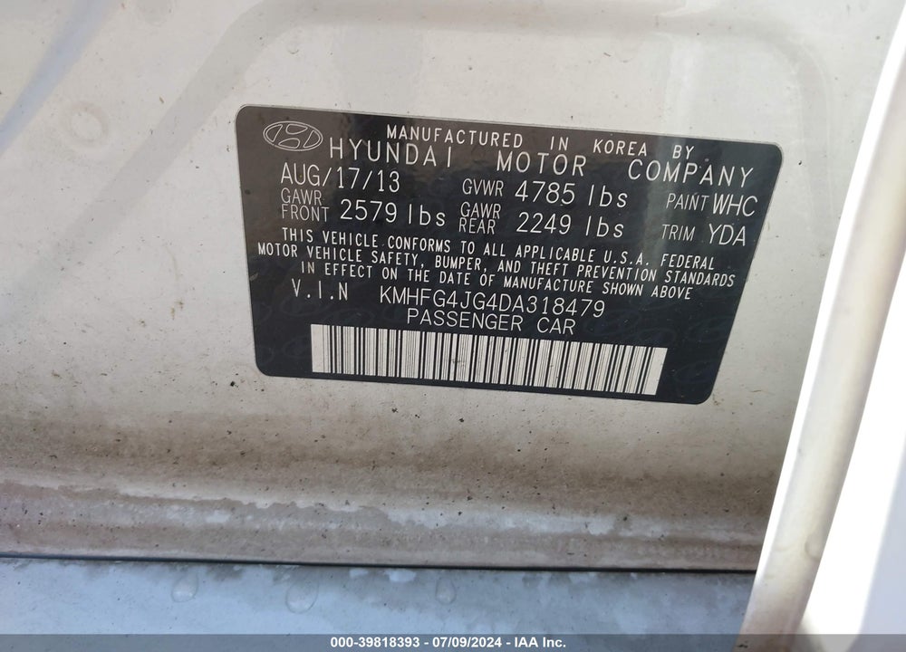 2013 HYUNDAI AZERA VIN: KMHFG4JG4DA318479