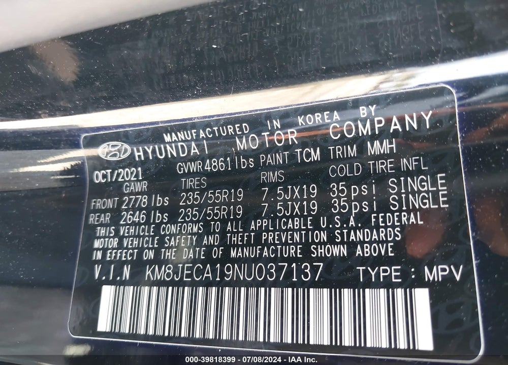 2022 HYUNDAI TUCSON HYBRID LIMITED VIN: KM8JECA19NU037137