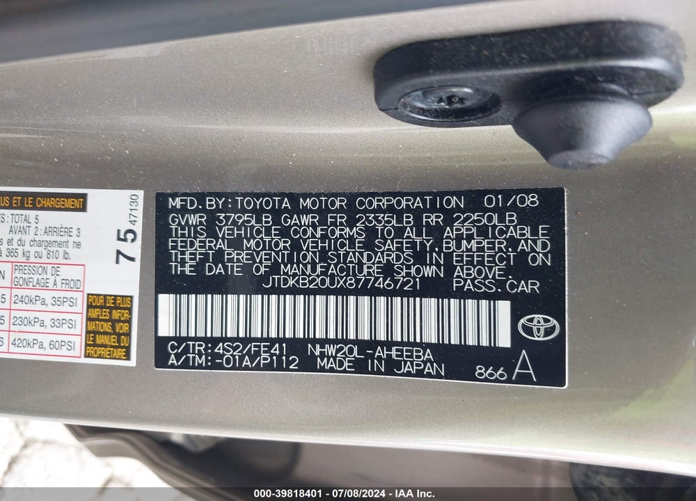 2008 TOYOTA PRIUS VIN: JTDKB20UX87746721