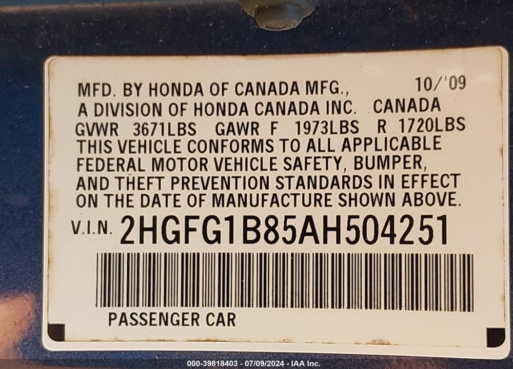 2010 HONDA CIVIC EX VIN: 2HGFG1B85AH504251