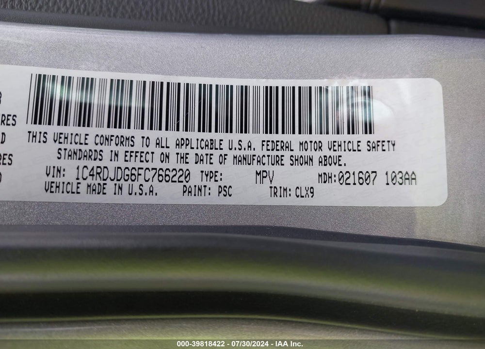 2015 DODGE DURANGO LIMITED VIN: 1C4RDJDG6FC766220