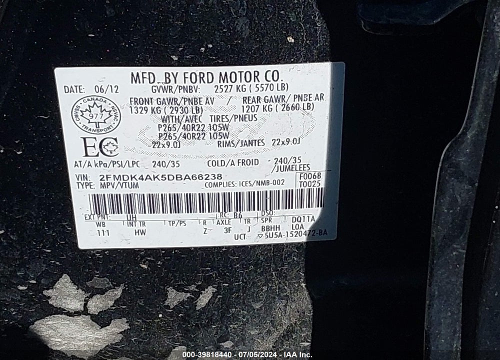 2013 FORD EDGE SPORT VIN: 2FMDK4AK5DBA66238