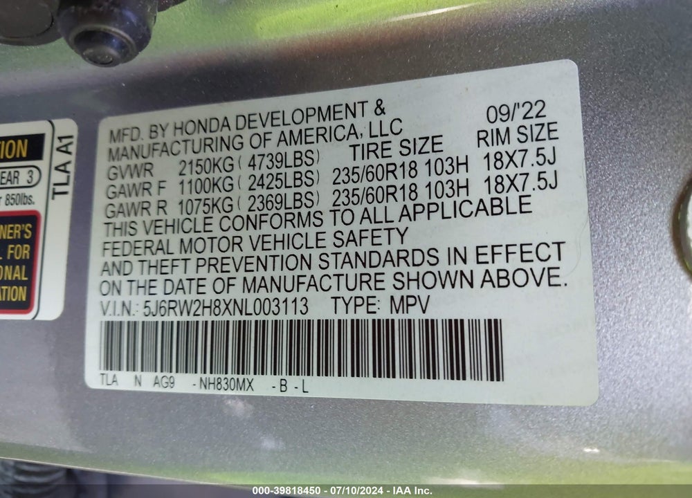2022 HONDA CR-V AWD EX-L VIN: 5J6RW2H8XNL003113
