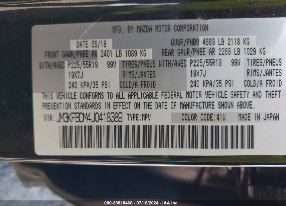 2018 MAZDA CX-5 GRAND TOURING VIN: JM3KFBDM4J0418389