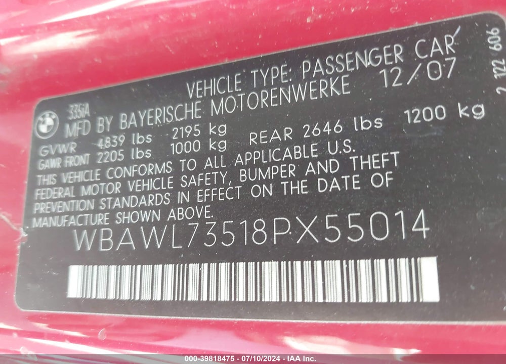 2008 BMW 335I VIN: WBAWL73518PX55014