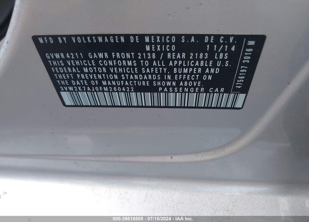 2015 VOLKSWAGEN JETTA 2.0L S VIN: 3VW2K7AJ0FM260422