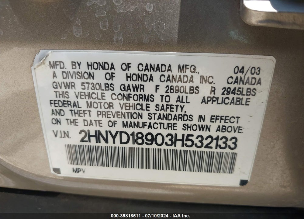 2003 ACURA MDX VIN: 2HNYD18903H532133