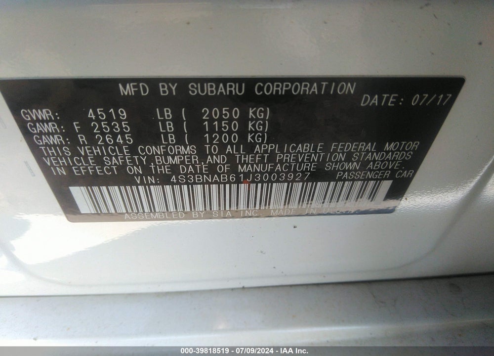 2018 SUBARU LEGACY 2.5I VIN: 4S3BNAB61J3003927