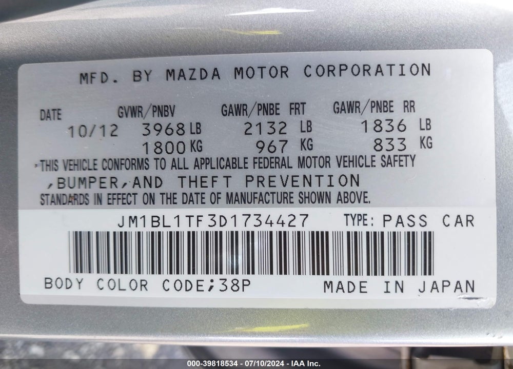 2013 MAZDA 3 I SV VIN: JM1BL1TF3D1734427