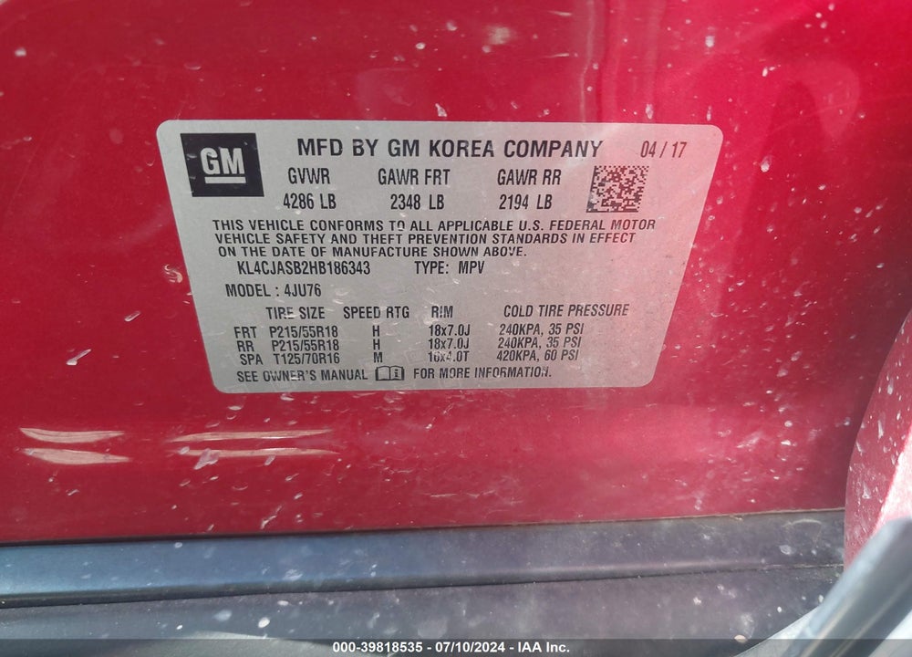2017 BUICK ENCORE PREFERRED VIN: KL4CJASB2HB186343