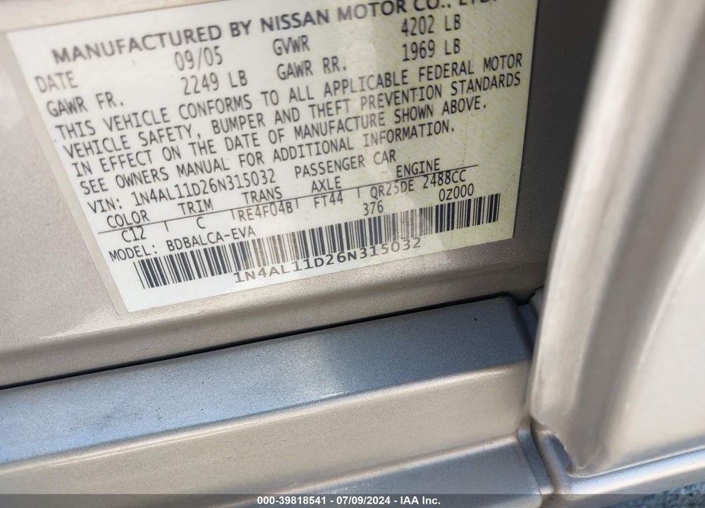 2006 NISSAN ALTIMA 2.5 S VIN: 1N4AL11D26N315032