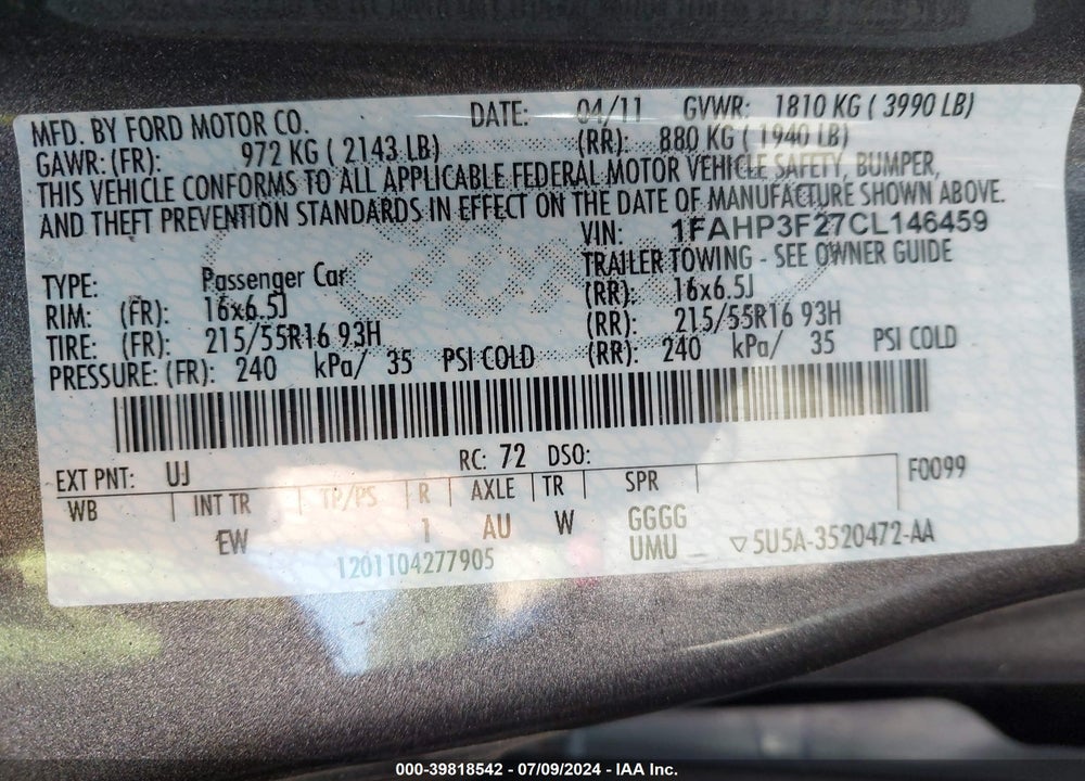 2012 FORD FOCUS SE VIN: 1FAHP3F27CL146459