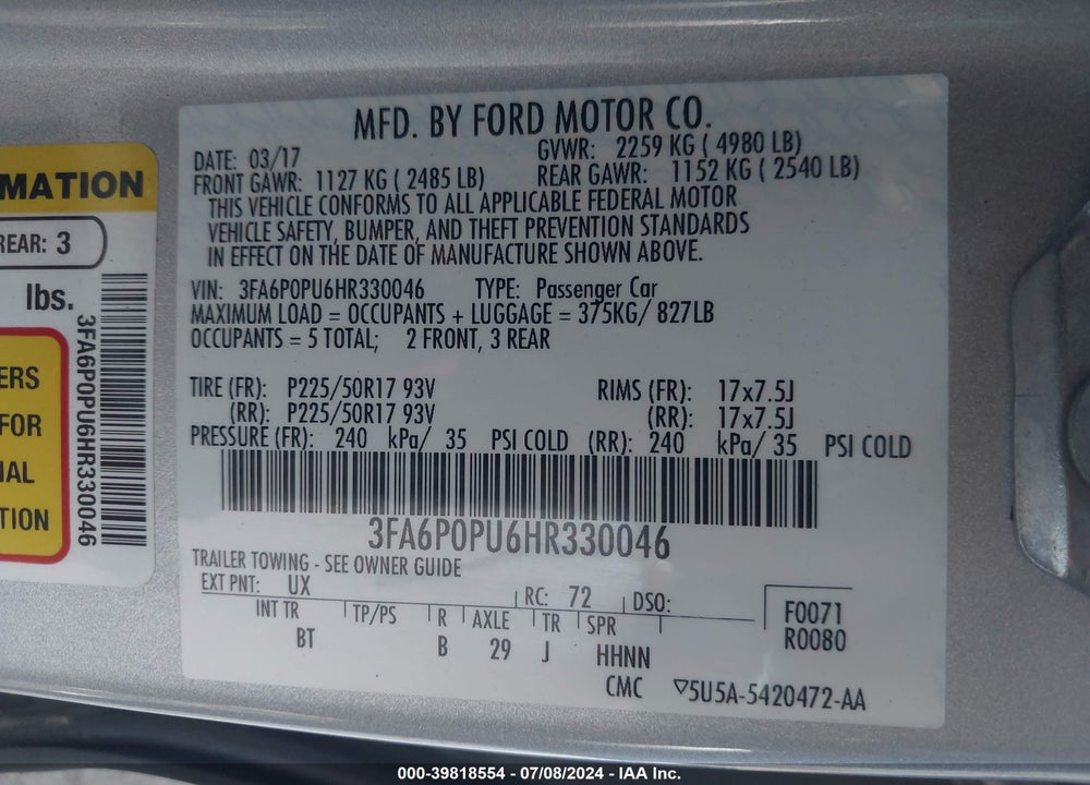 2017 FORD FUSION ENERGI SE LUXURY VIN: 3FA6P0PU6HR330046