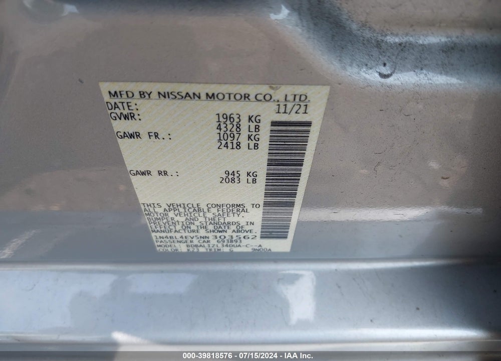 2022 NISSAN ALTIMA SL FWD VIN: 1N4BL4EV5NN303562