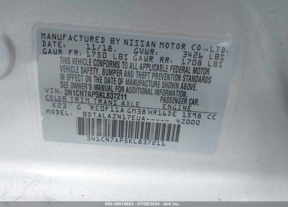 2019 NISSAN VERSA 1.6 S+ VIN: 3N1CN7AP5KL837211