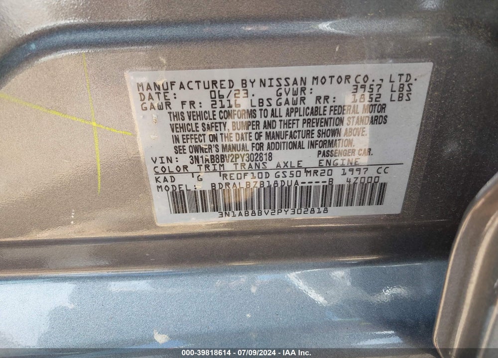 2023 NISSAN SENTRA S XTRONIC CVT VIN: 3N1AB8BV2PY302818