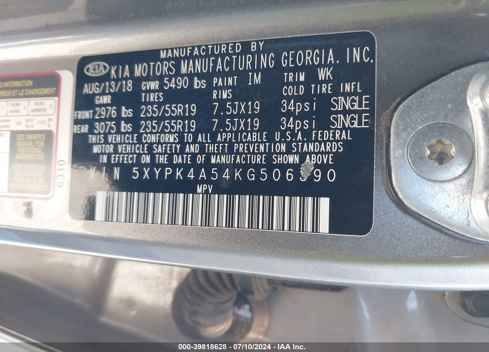 2019 KIA SORENTO 3.3L SX VIN: 5XYPK4A54KG506390