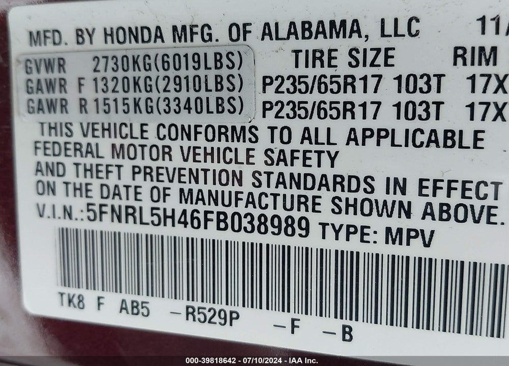 2015 HONDA ODYSSEY EX VIN: 5FNRL5H46FB038989
