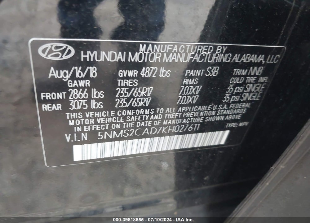 2019 HYUNDAI SANTA FE VIN: 5NMS2CAD7KH027611