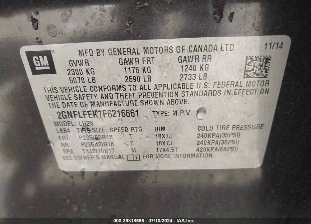 2015 CHEVROLET EQUINOX 1LT VIN: 2GNFLFEK7F6216661