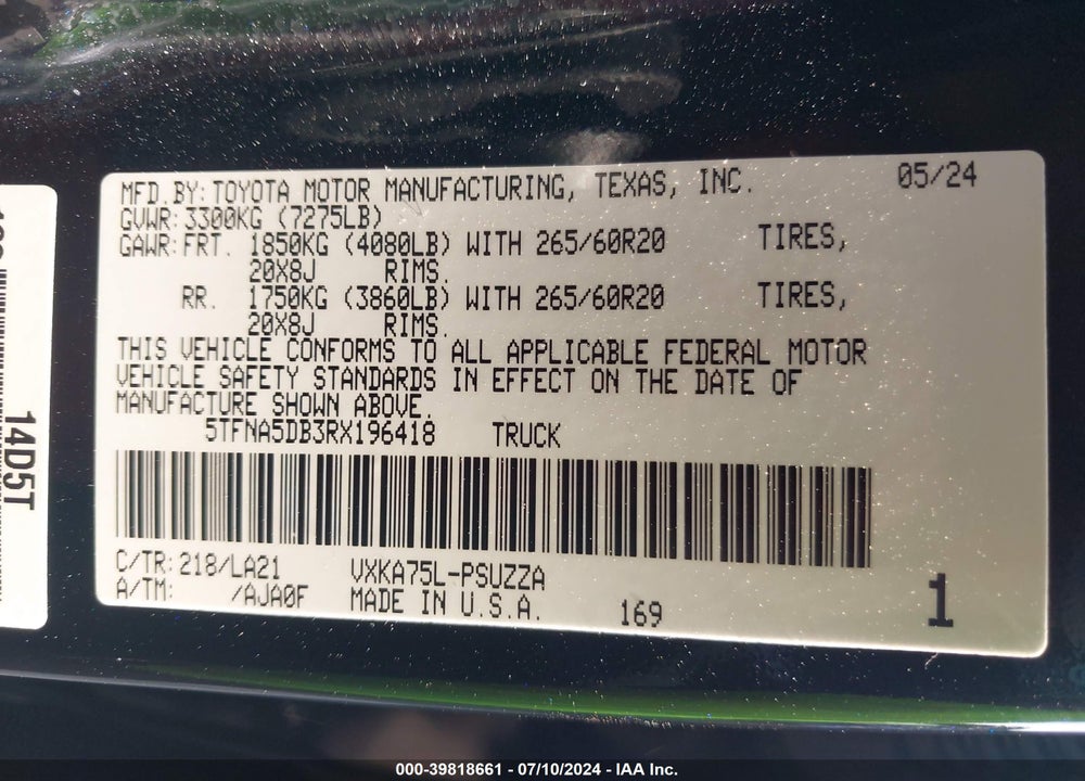 2024 TOYOTA TUNDRA PLATINUM VIN: 5TFNA5DB3RX196418