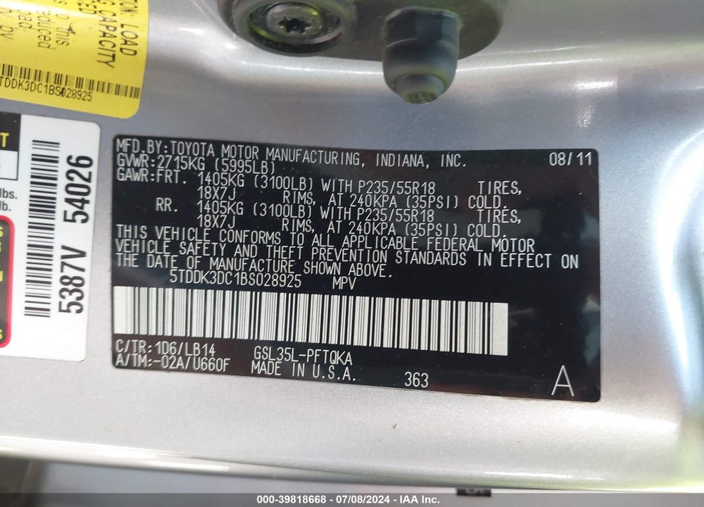 2011 TOYOTA SIENNA XLE VIN: 5TDDK3DC1BS028925