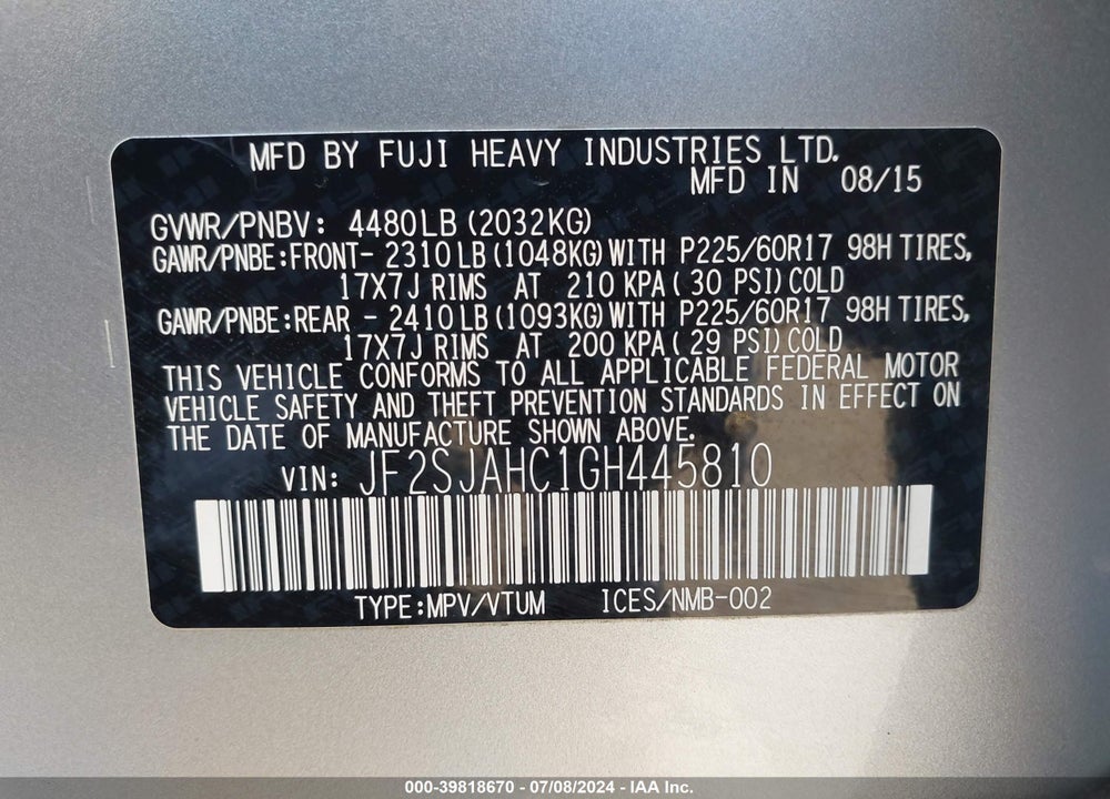 2016 SUBARU FORESTER 2.5I LIMITED VIN: JF2SJAHC1GH445810