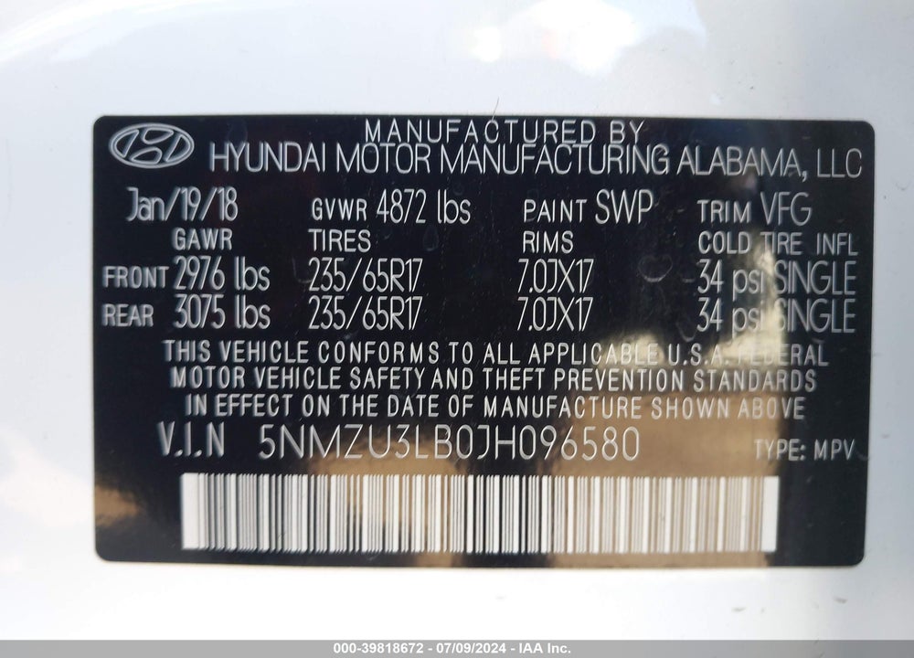 2018 HYUNDAI SANTA FE SPORT VIN: 5NMZU3LB0JH096580