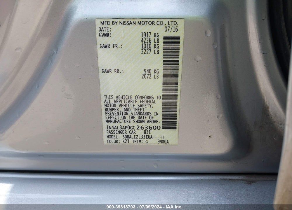 2016 NISSAN ALTIMA 2.5 SV VIN: 1N4AL3AP0GC263600