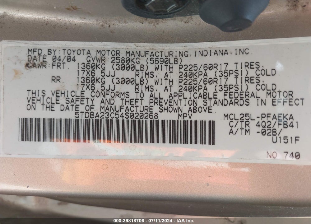 2004 TOYOTA SIENNA LE VIN: 5TDBA23C54S020268
