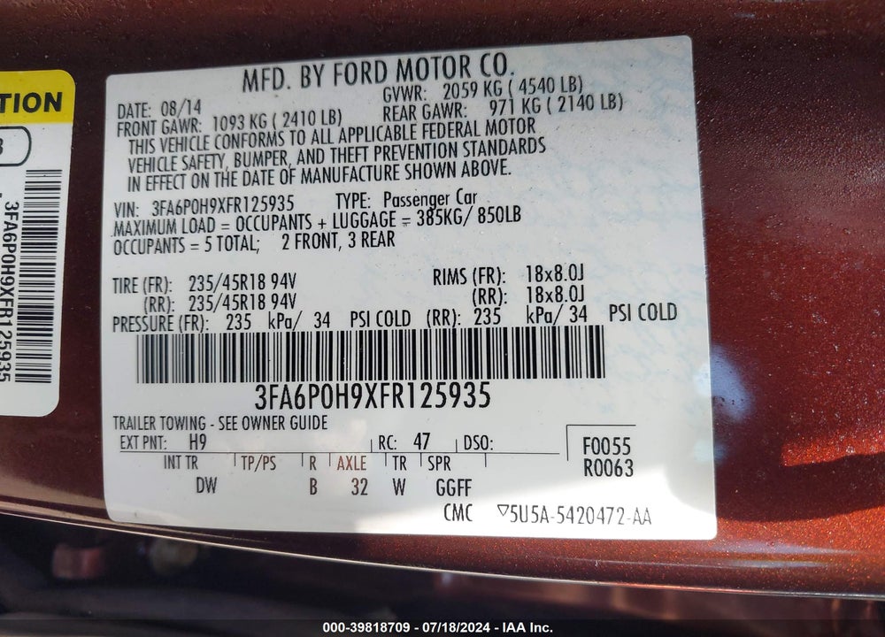 2015 FORD FUSION SE VIN: 3FA6P0H9XFR125935