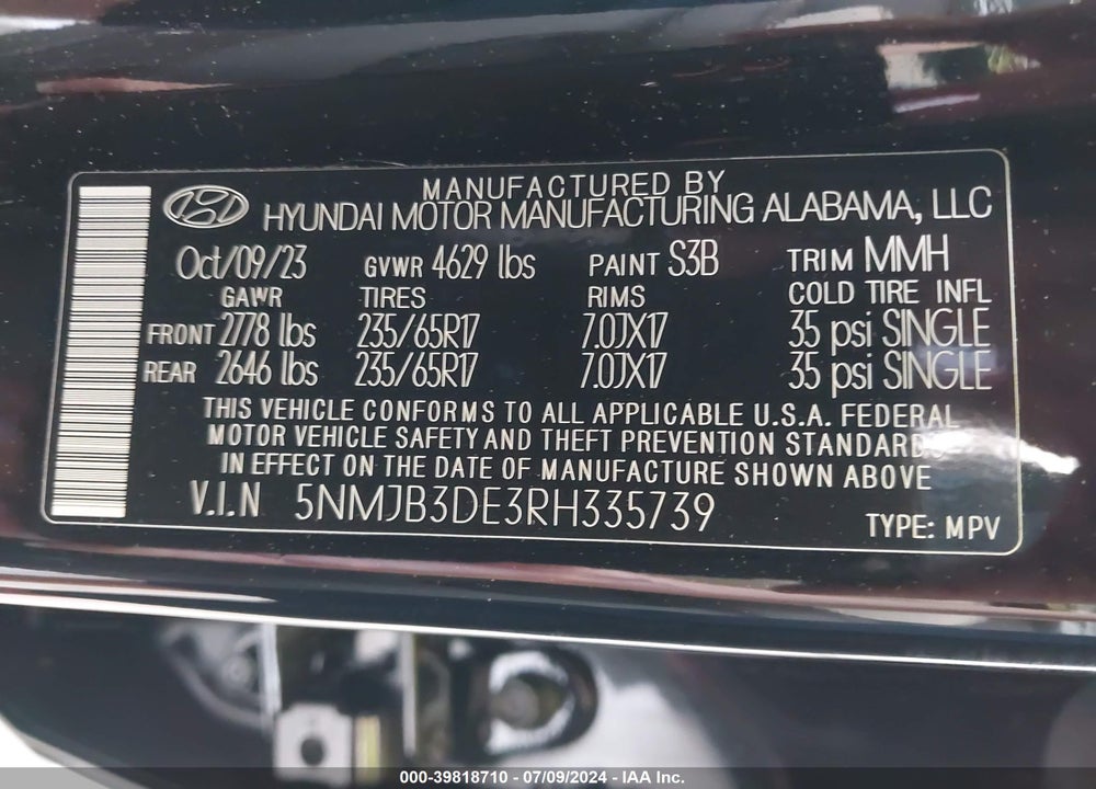 2024 HYUNDAI TUCSON SEL VIN: 5NMJB3DE3RH335739