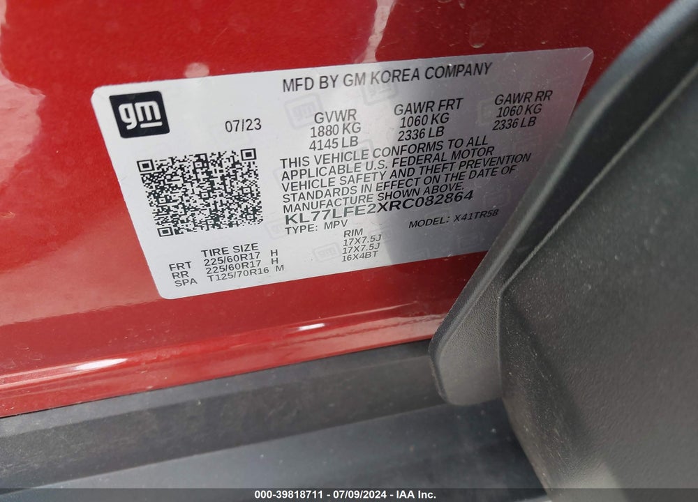 2024 CHEVROLET TRAX FWD SP VIN: KL77LFE2XRC082864