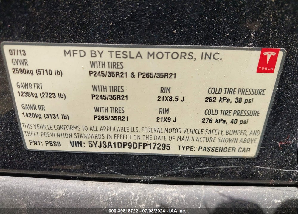 2013 TESLA MODEL S PERFORMANCE VIN: 5YJSA1DP9DFP17295